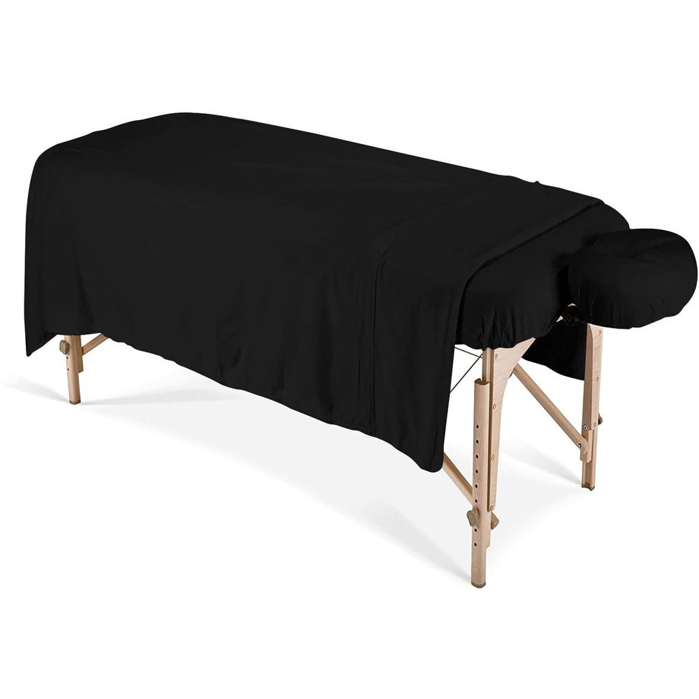 100% Egyptian Cotton 3-Piece Egyptian Cotton Massage Table Sheet Set - Premium Facial Bed Cover - Includes Flat and Fitted Sheets with Face Cradle Cover - Black