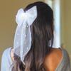 JEAIRTS Bridal Hair Bow Veil Pearl Wedding Hair Piece White Tulle Bow with Clip Bachelorette Party Hair Accessories for Women view 4