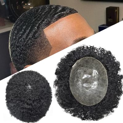 Afro Curly Hair Toupee for Black Men Full Poly Injected Black Men Hair Units Breathable Holes Human Hair Replacement System Pieces for African Amarican Men 8x10inch1# JET BLACK12mm wave
