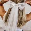 JEAIRTS Bridal Hair Bow Veil Pearl Wedding Hair Piece White Tulle Bow with Clip Bachelorette Party Hair Accessories for Women (Style 2) view 3
