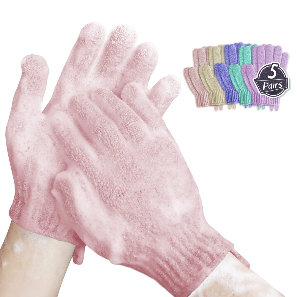 MIG4U Shower Scrub Gloves Exfoliating for Women and Men Medium to Heavy Bathing Remove Dead Skin Body Beauty Sponge Loofah Deep Cleansing Bulk 5 pairs (5 Pairs, 5 Colors)