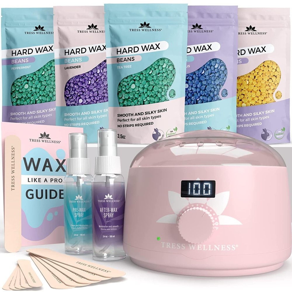 Tress Wellness Waxing Kit for Sensitive Skin Safe for Face & Skin, Prep & Aftercare Spray, Easy to Use At-Home Kit for Face, Bikini, Brazilian & Full Body - Digital Display, Pink