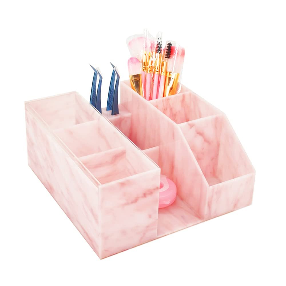 LIXIMMAZN Acrylic Large Capacity Makeup Organizer, Grafting Beauty Extension Supplies Lash Storage Display, Eyelash Storage Case Brush Tweezers Cosmetic Holder (Pink Marble)