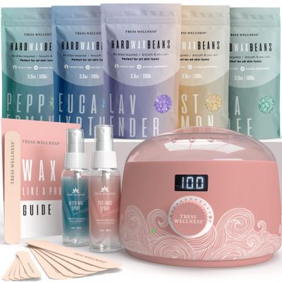 Tress Wellness Waxing Kit for Sensitive Skin Safe for Face & Skin, Prep & Aftercare Spray, Easy to Use At-Home Kit for Face, Bikini, Brazilian & Full Body - Digital Display, Dusty Pink Air