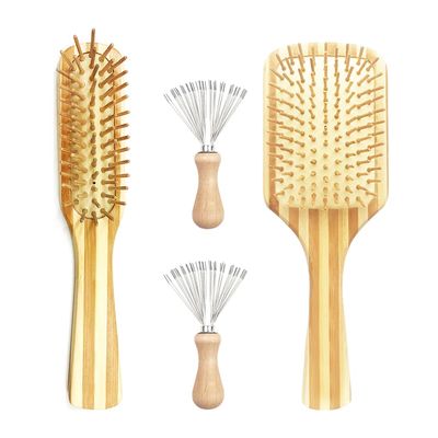 AMERWASH PLUS Natural Bamboo Hair brushes with Cleaner Rakes For All Types Hair, Bamboo Bristle Help Hair Growth, Massaging Scalp for Men Women Kids - 4 Packs