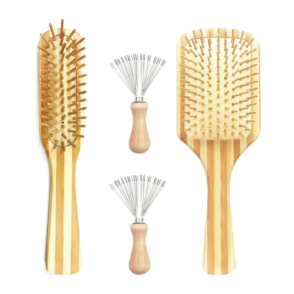 AMERWASH PLUS Natural Bamboo Hair brushes with Cleaner Rakes For All Types Hair, Bamboo Bristle Help Hair Growth, Massaging Scalp for Men Women Kids - 4 Packs