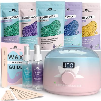 Tress Wellness Waxing Kit for Sensitive Skin  Safe for Face & Skin, Prep & Aftercare Spray, Easy to Use  At-Home Kit for Face, Bikini, Brazilian & Full Body - Digital Display, Pink to Teal