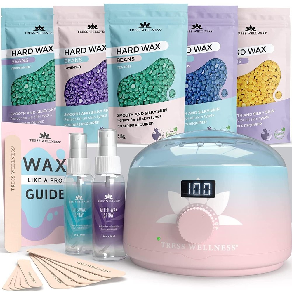 Tress Wellness Waxing Kit for Sensitive Skin  Safe for Face & Skin, Prep & Aftercare Spray, Easy to Use  At-Home Kit for Face, Bikini, Brazilian & Full Body - Digital Display, Pink to Teal