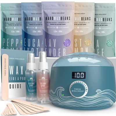 Tress Wellness Waxing Kit for Sensitive Skin Safe for Face & Skin, Prep & Aftercare Spray, Easy to Use At-Home Kit for Face, Bikini, Brazilian & Full Body - Digital Display, Blue Water