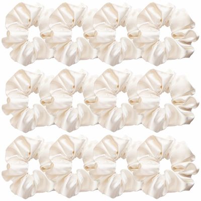 12 Pcs Satin Silk Scrunchies, Hair Ties, Hair Bands, Bow Ropes, Elastic Bracelets, Ponytail Holders, Hair Accessories for Women and Girls (4.5 Inch, Pearl White)