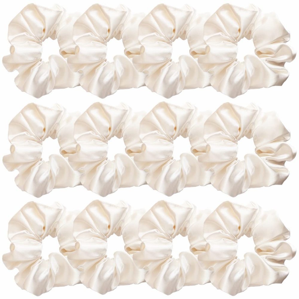 12 Pcs Satin Silk Scrunchies, Hair Ties, Hair Bands, Bow Ropes, Elastic Bracelets, Ponytail Holders, Hair Accessories for Women and Girls (4.5 Inch, Pearl White)