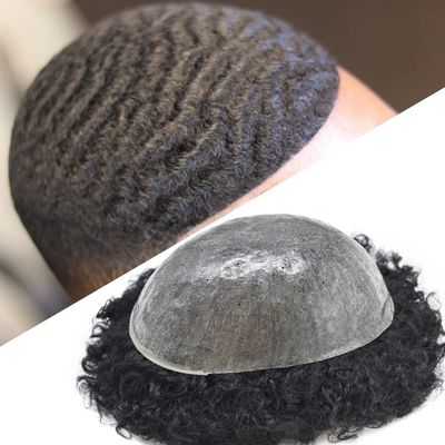 Afro Men's Toupee For Black Mens Weave Afro Human Hair Unit Kinky Curly Afro Toupee Men Hair Pieces African American Durable Injection PU with Breathable Holes Man Wave (8''*10'', 1# JET BLACK 12MM-WAVE)