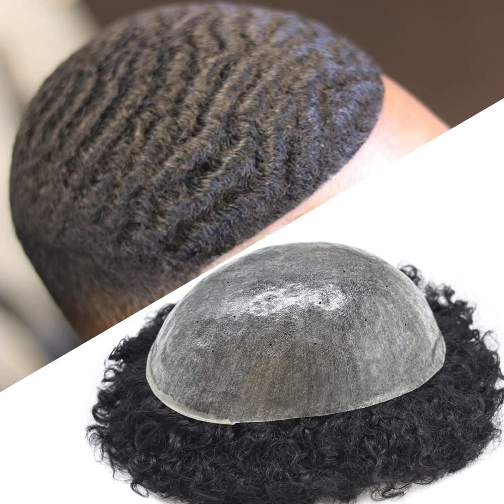 Afro Men's Toupee For Black Mens Weave Afro Human Hair Unit Kinky Curly Afro Toupee Men Hair Pieces African American Durable Injection PU with Breathable Holes Man Wave (8''*10'', 1# JET BLACK 12MM-WAVE)
