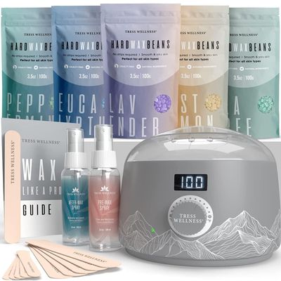 Tress Wellness Waxing Kit for Sensitive Skin  Safe for Face & Skin, Prep & Aftercare Spray, Easy to Use  At-Home Kit for Face, Bikini, Brazilian & Full Body - Digital Display, Grey Mountain