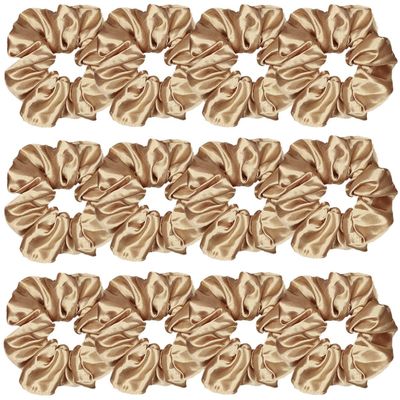12 Pcs Satin Silk Scrunchies Hair Ties Fashion Hair Bands Hair Bows Elastic Bracelets Ponytail Holders Accessories for Women and Girls (4.5 Inch, Light Brown)