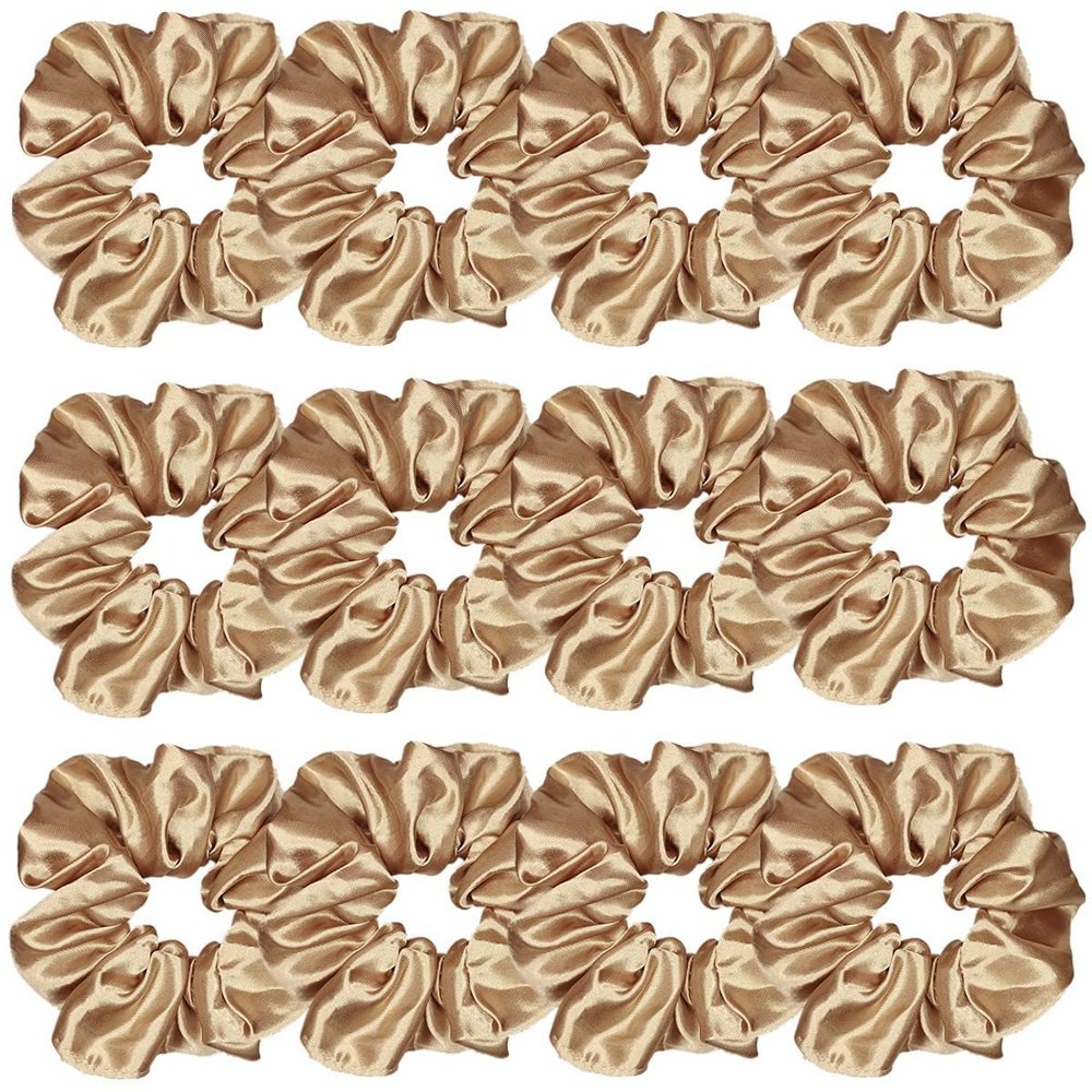 12 Pcs Satin Silk Scrunchies Hair Ties Fashion Hair Bands Hair Bows Elastic Bracelets Ponytail Holders Accessories for Women and Girls (4.5 Inch, Light Brown)