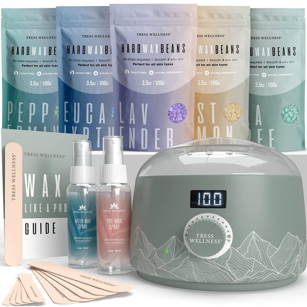Tress Wellness Waxing Kit for Sensitive Skin  Safe for Face & Skin, Prep & Aftercare Spray, Easy to Use  At-Home Kit for Face, Bikini, Brazilian & Full Body - Digital Display, Green Mountain