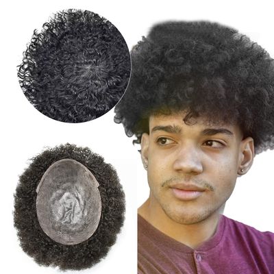 Afro Men's Toupee For Black Mens Weave Afro Human Hair Unit Kinky Curly Afro Toupee Men Hair Pieces African American Durable Injection PU with Breathable Holes Man Wave (8''*10'', 1B# OFF BLACK 6MM-WAVE)