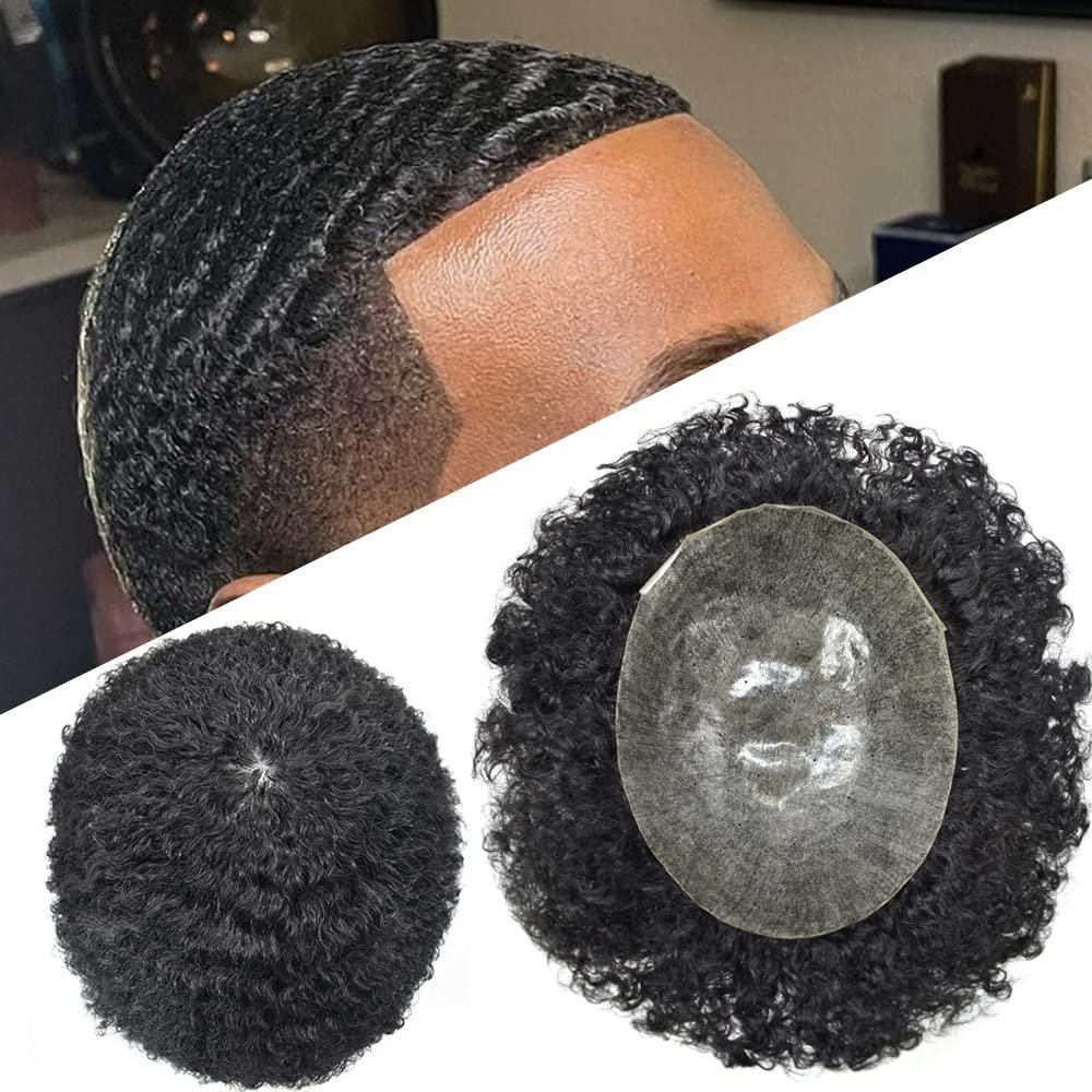 Afro Men's Toupee For Black Mens Weave Afro Human Hair Unit Kinky Curly Afro Toupee Men Hair Pieces African American Durable Injection PU with Breathable Holes Man Wave (8''*10'', 1# JET BLACK 10MM-WAVE)