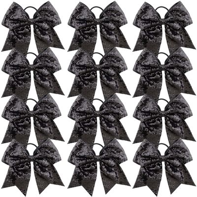 12 Pieces 8 Inch Black Cheer Bows Glitter Jumbo Cheerleading Bow with Elastic Ponytail Holder Bow Hair Tie Band Hair Accessories for School Girls Toddlers