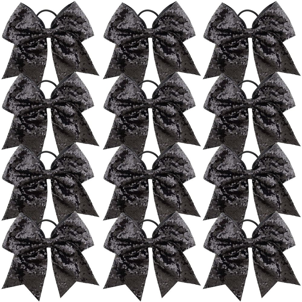 12 Pieces 8 Inch Black Cheer Bows Glitter Jumbo Cheerleading Bow with Elastic Ponytail Holder Bow Hair Tie Band Hair Accessories for School Girls Toddlers