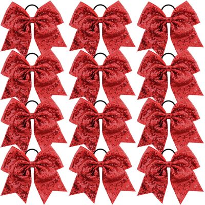 12 Pieces 8 Inch Red Cheer Bows Glitter Jumbo Cheerleading Bow with Elastic Ponytail Holder Bow Hair Tie Band Hair Accessories for School Girls Toddlers