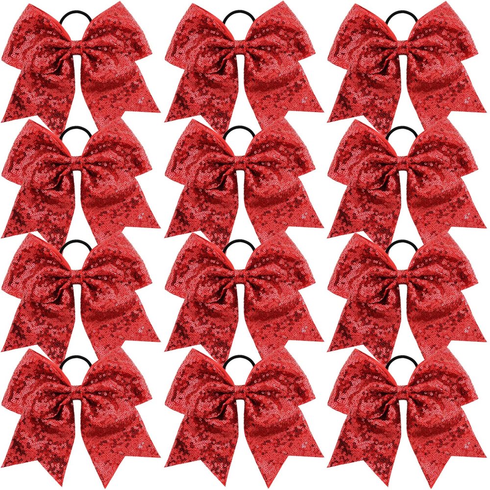 12 Pieces 8 Inch Red Cheer Bows Glitter Jumbo Cheerleading Bow with Elastic Ponytail Holder Bow Hair Tie Band Hair Accessories for School Girls Toddlers