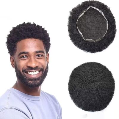 Afro Curl Toupee for Black Men Kinky Curly Mens Toupee Human Hair Units for Black Men French Lace African American Mens Hairpiece Male Hair Prothesis 1B# OFF BLACK 8MM WAVE