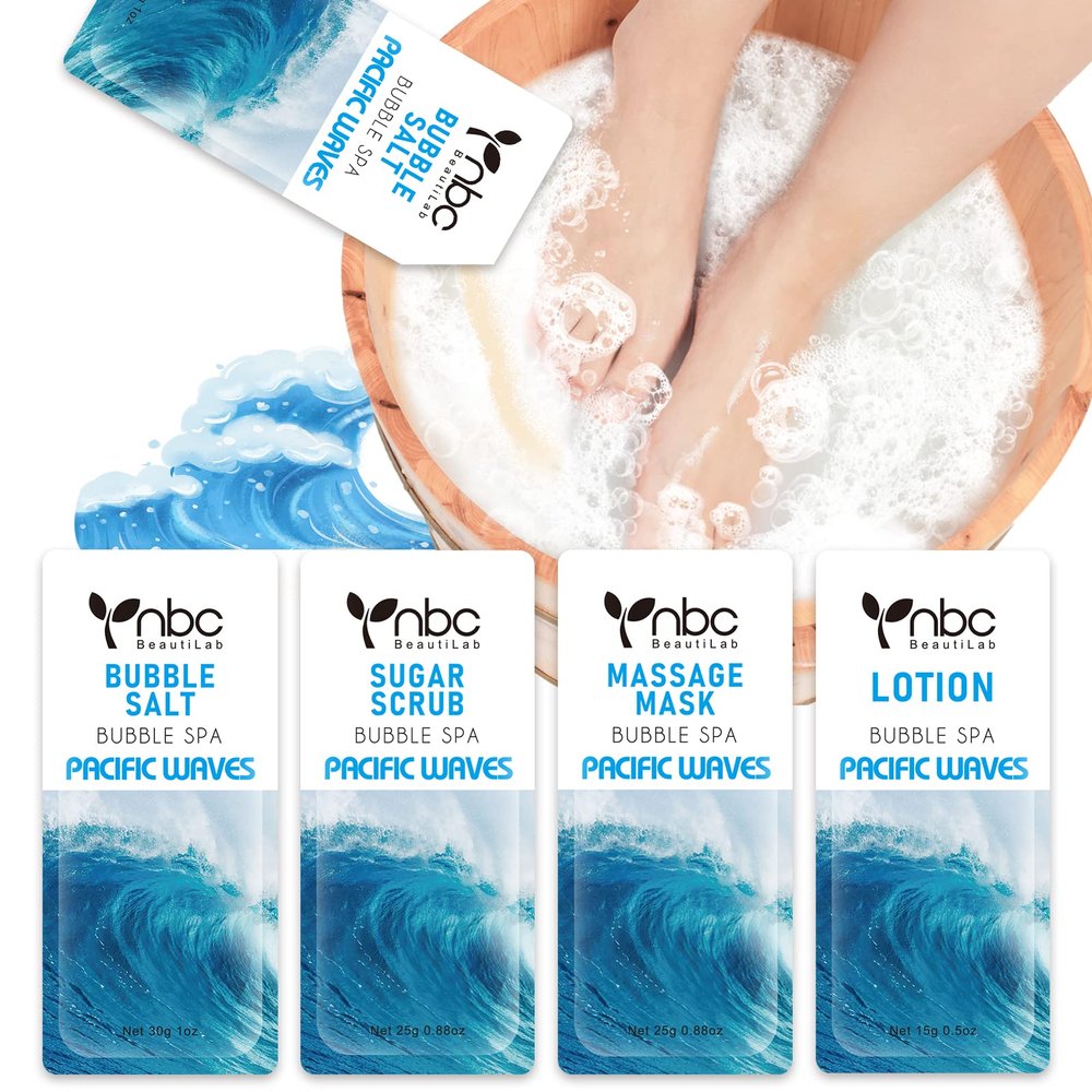 nbc BeautiLab Pedicure Kit Foot Soak Set: Bubble Salt, Sugar Scrub, Massage Mask, Massage Lotion in a Box, 4 Step Foot Spa Kit for Dry Feet, Softens Calluses(1 Set Pacific Waves)