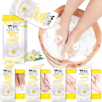 nbc BeautiLab Pedicure Kit Foot Soak Set: Bubble Salt, Sugar Scrub, Massage Mask, Massage Lotion in a Box, 4 Step Foot Spa Kit for Dry Feet, Calluses and Tired Feet(1 Set Milky Flower)