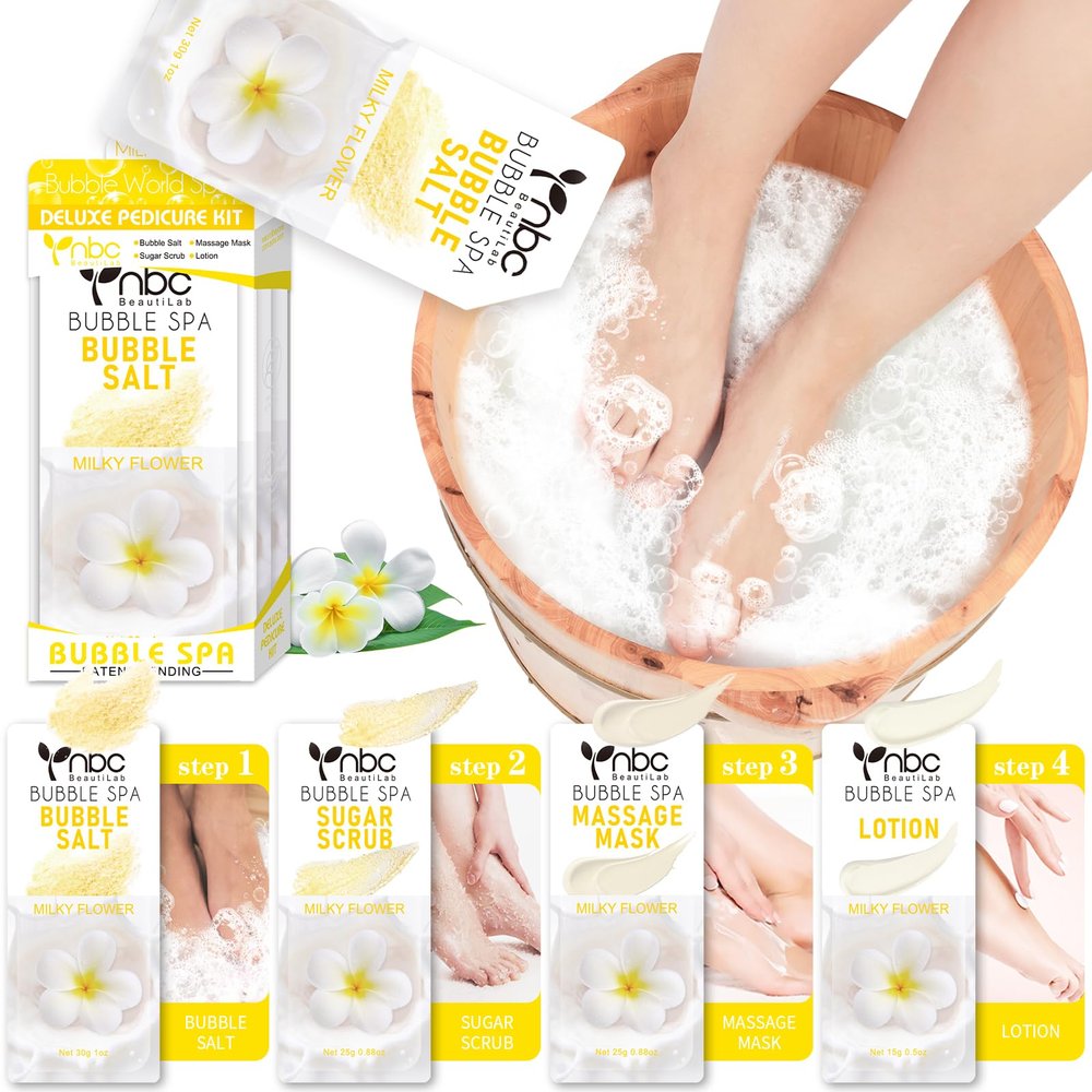 nbc BeautiLab Pedicure Kit Foot Soak Set: Bubble Salt, Sugar Scrub, Massage Mask, Massage Lotion in a Box, 4 Step Foot Spa Kit for Dry Feet, Calluses and Tired Feet(1 Set Milky Flower)