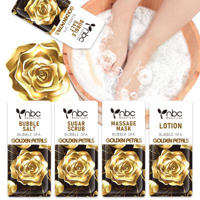 nbc BeautiLab Pedicure Kit Foot Soak Set: Bubble Salt, Sugar Scrub, Massage Mask, Massage Lotion in a Box, 4 Step Foot Spa Kit for Dry Feet,Tired Feet (1 Set Golden Petals)
