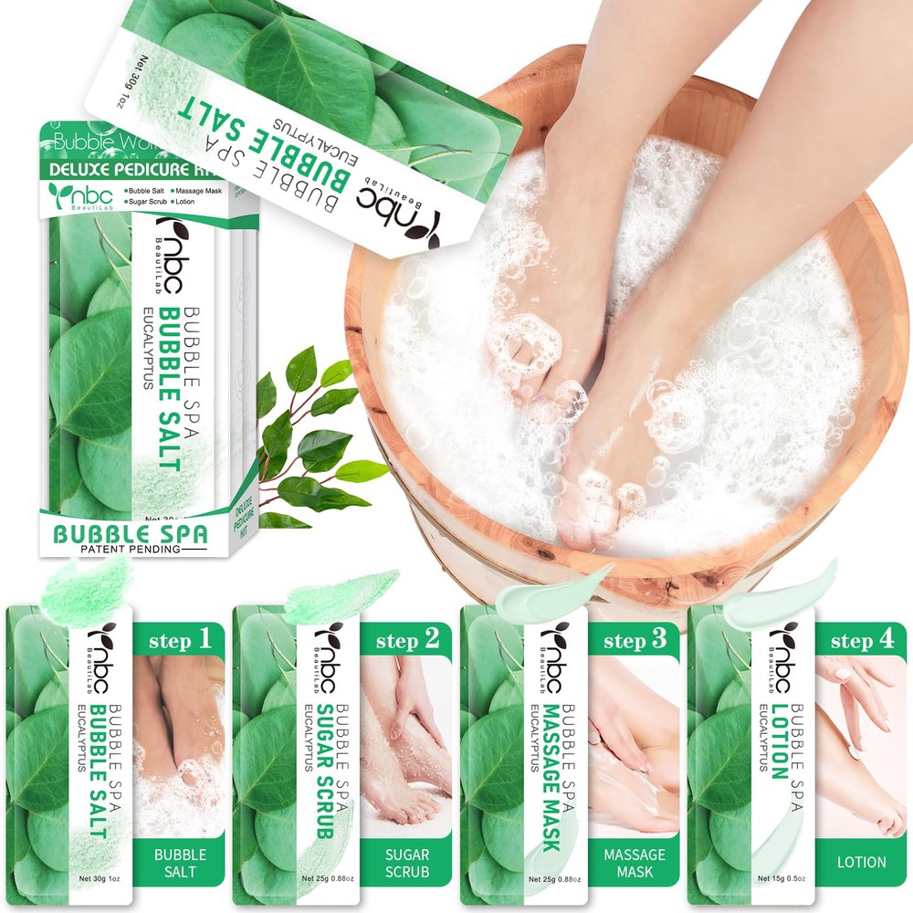nbc BeautiLab Pedicure Kit Foot Soak Set: Bubble Salt, Sugar Scrub, Massage Mask, Massage Lotion in a Box, 4 Step Foot Spa Kit for Dry Feet,Tired Feet (1 Set Eucalyptus)