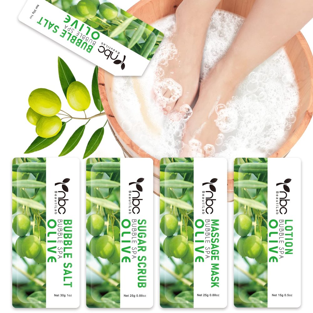 nbc BeautiLab Pedicure Kit Foot Soak Set: Bubble Salt, Sugar Scrub, Massage Mask, Massage Lotion in a Box, 4 Step Foot Spa Kit for Dry Feet,Tired Feet (1 Set Olive)