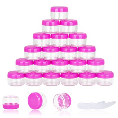 25PCS 5 Gram Sample Containers, 5ml Empty Jars with Lids, Small Cosmetic Containers, Mini Sample Jars with 2PCS Mini Spatulas for Make Up, Oils, Lotion, Powder, Paint, Jewelry, Lip Balms(Pink Lid)