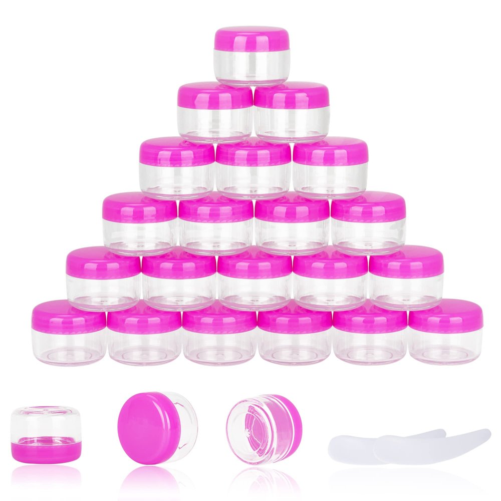 25PCS 5 Gram Sample Containers, 5ml Empty Jars with Lids, Small Cosmetic Containers, Mini Sample Jars with 2PCS Mini Spatulas for Make Up, Oils, Lotion, Powder, Paint, Jewelry, Lip Balms(Pink Lid)
