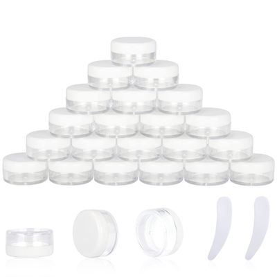 25PCS 3 Gram Sample Containers, 3ml Empty Jars with Lids, Small Cosmetic Containers, Mini Sample Jars with 2PCS Mini Spatulas for Make Up, Oils, Lotion, Powder, Paint, Jewelry, Lip Balms(White Lid)