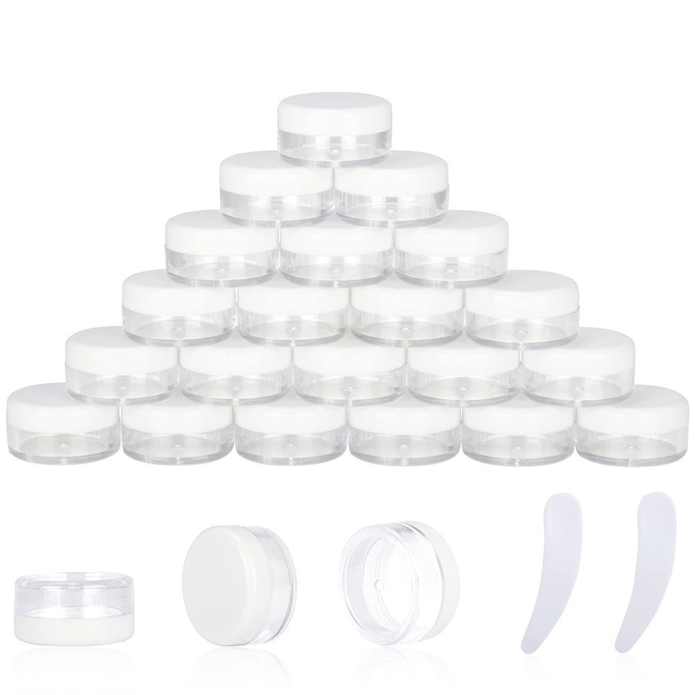 25PCS 3 Gram Sample Containers, 3ml Empty Jars with Lids, Small Cosmetic Containers, Mini Sample Jars with 2PCS Mini Spatulas for Make Up, Oils, Lotion, Powder, Paint, Jewelry, Lip Balms(White Lid)