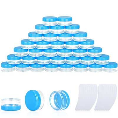 200PCS 3 Gram Sample Containers, 3ml Empty Jars with Lids, Small Cosmetic Containers, Mini Sample Jars with 16PCS Mini Spatulas for Make Up, Oils, Lotion, Powder, Paint, Jewelry, Lip Balms(Blue Lid)