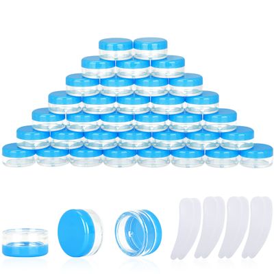 100PCS 3 Gram Sample Containers, 3ml Empty Jars with Lids, Small Cosmetic Containers, Mini Sample Jars with 8PCS Mini Spatulas for Make Up, Oils, Lotion, Powder, Paint, Jewelry, Lip Balms(Blue Lid)