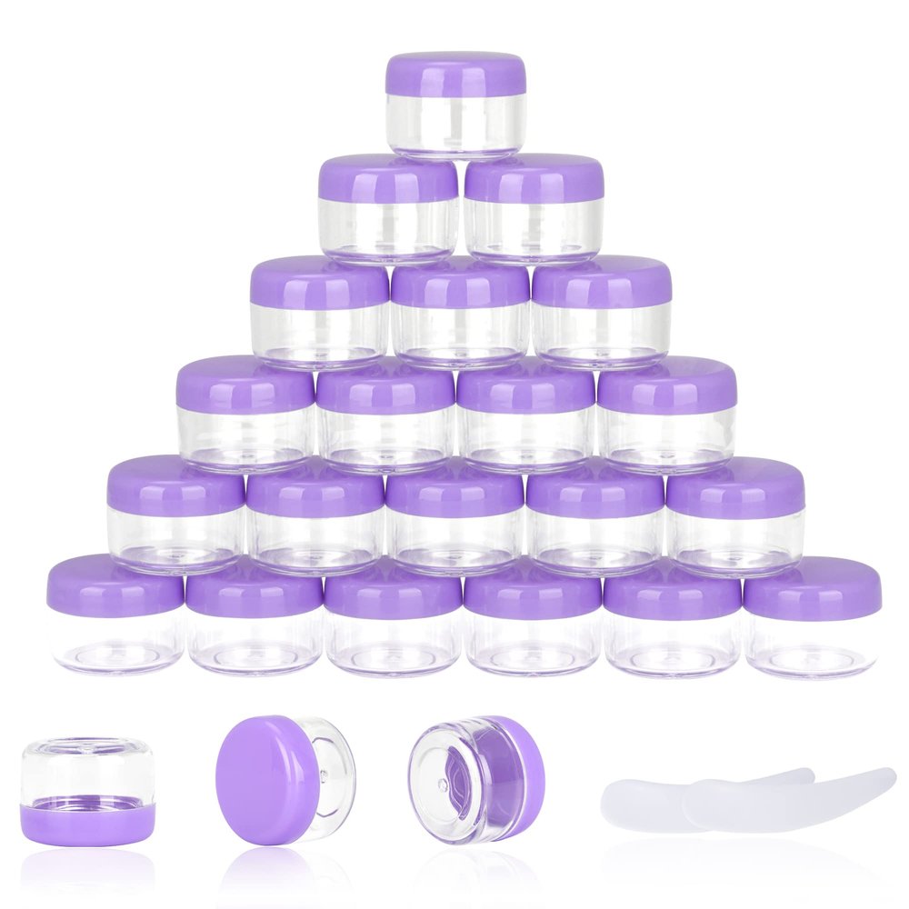 25PCS 5 Gram Sample Containers, 5ml Empty Jars with Lids, Small Cosmetic Containers, Mini Sample Jars with 2PCS Mini Spatulas for Make Up, Oils, Lotion, Powder, Paint, Jewelry, Lip Balms(Purple Lid)