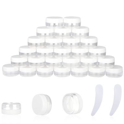 25PCS 10 Gram Sample Containers, 10ml Empty Jars with Lids, Small Cosmetic Containers, Mini Sample Jars with 2PCS Mini Spatulas for Make Up, Oils, Lotion, Powder, Paint, Jewelry, Lip Balms(White Lid)