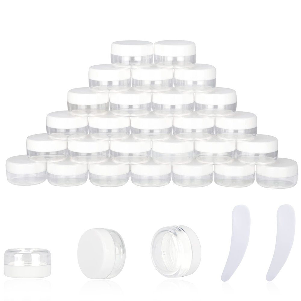 25PCS 10 Gram Sample Containers, 10ml Empty Jars with Lids, Small Cosmetic Containers, Mini Sample Jars with 2PCS Mini Spatulas for Make Up, Oils, Lotion, Powder, Paint, Jewelry, Lip Balms(White Lid)