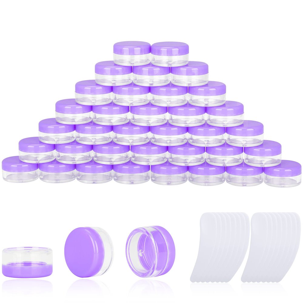 200PCS 3 Gram Sample Containers, 3ml Empty Jars with Lids, Small Cosmetic Containers, Mini Sample Jars with 16PCS Mini Spatulas for Make Up, Oils, Lotion, Powder, Paint, Jewelry, Lip Balms(Purple Lid)