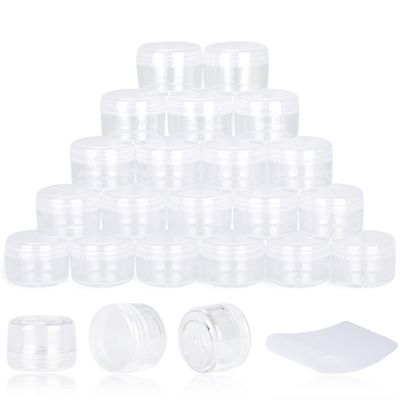 200PCS 5 Gram Sample Containers, 5ml Empty Jars with Lids, Small Cosmetic Containers, Mini Sample Jars with 16PCS Mini Spatulas for Make Up, Oils, Lotion, Powder, Paint, Jewelry, Lip Balms(Clear Lid)