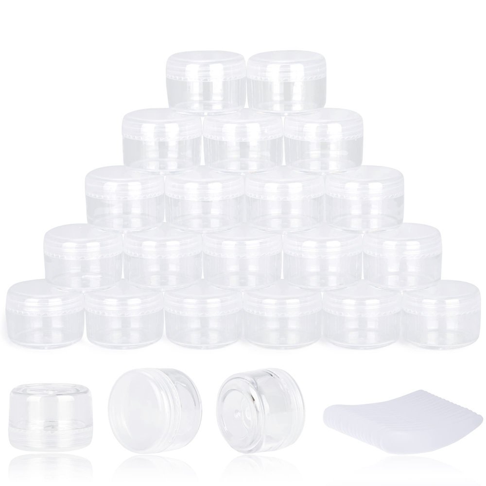 200PCS 5 Gram Sample Containers, 5ml Empty Jars with Lids, Small Cosmetic Containers, Mini Sample Jars with 16PCS Mini Spatulas for Make Up, Oils, Lotion, Powder, Paint, Jewelry, Lip Balms(Clear Lid)