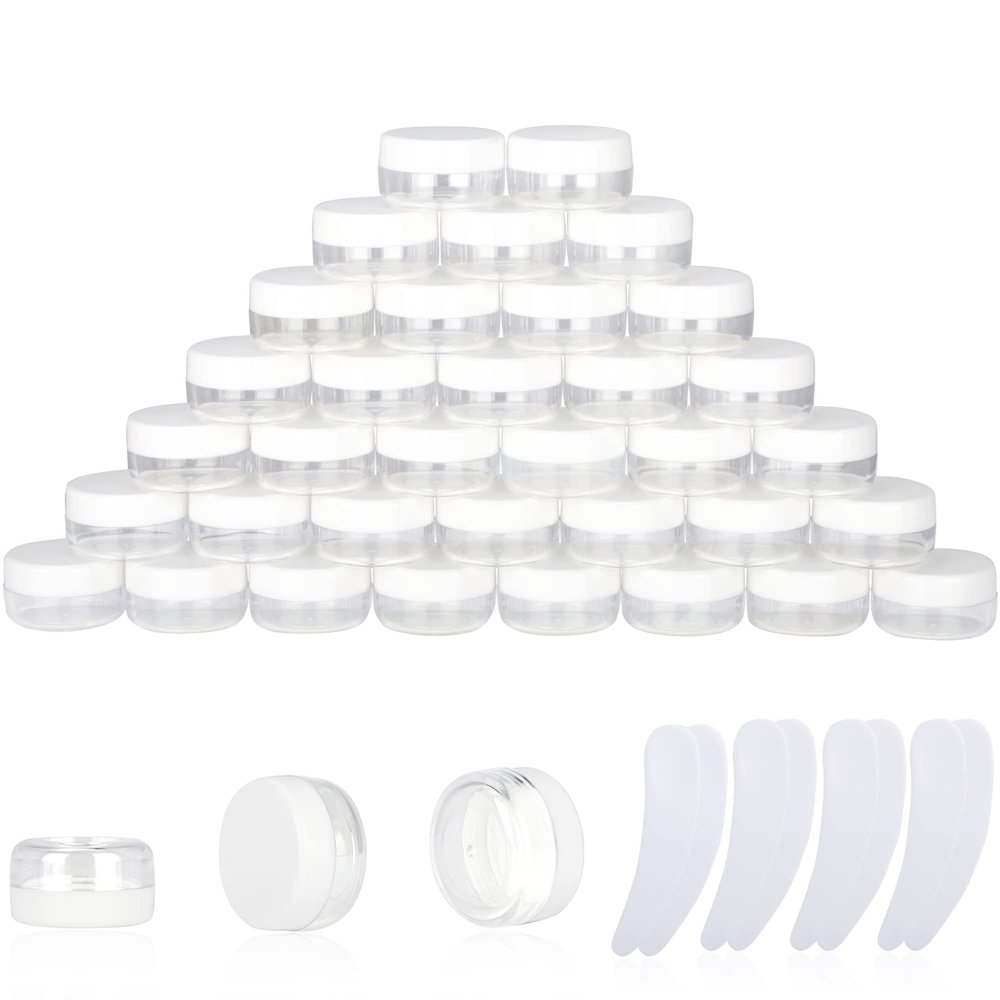 100PCS 10 Gram Sample Containers, 10ml Empty Jars with Lids, Small Cosmetic Containers, Mini Sample Jars with 8PCS Mini Spatulas for Make Up, Oils, Lotion, Powder, Paint, Jewelry, Lip Balms(White Lid)