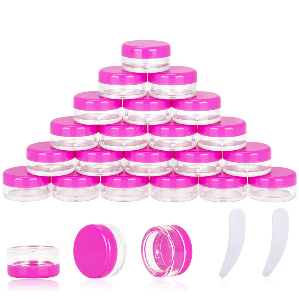 25PCS 3 Gram Sample Containers, 3ml Empty Jars with Lids, Small Cosmetic Containers, Mini Sample Jars with 2PCS Mini Spatulas for Make Up, Oils, Lotion, Powder, Paint, Jewelry, Lip Balms(Pink Lid)