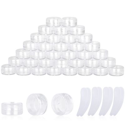 100PCS 3 Gram Sample Containers, 3ml Empty Jars with Lids, Small Cosmetic Containers, Mini Sample Jars with 8PCS Mini Spatulas for Make Up, Oils, Lotion, Powder, Paint, Jewelry, Lip Balms(Clear Lid)