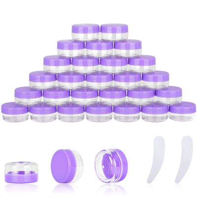 25PCS 10 Gram Sample Containers, 10ml Empty Jars with Lids, Small Cosmetic Containers, Mini Sample Jars with 2PCS Mini Spatulas for Make Up, Oils, Lotion, Powder, Paint, Jewelry, Lip Balms(Purple Lid)